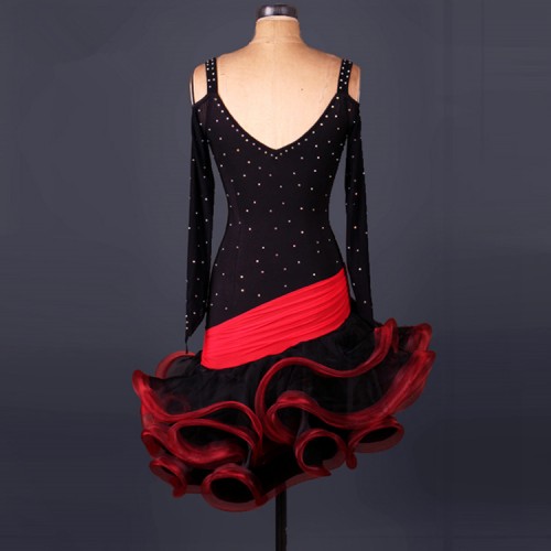 Red and black Latin dance costume spandex tassel stones latin dance dress for women salsa cha cha latin dance competition dresses